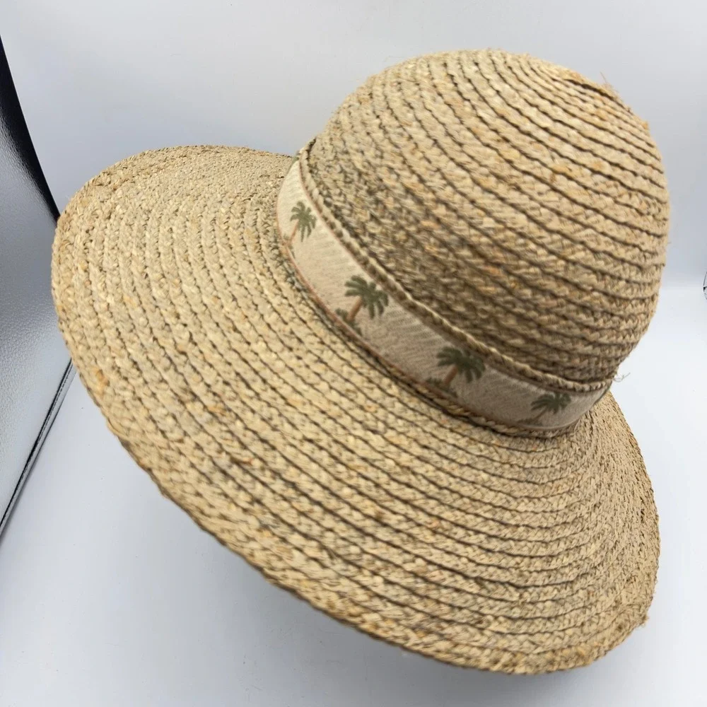 Scala Collection Straw Sun Hat Tan Wide Brim Palm Tree Embroidered Band Coastal